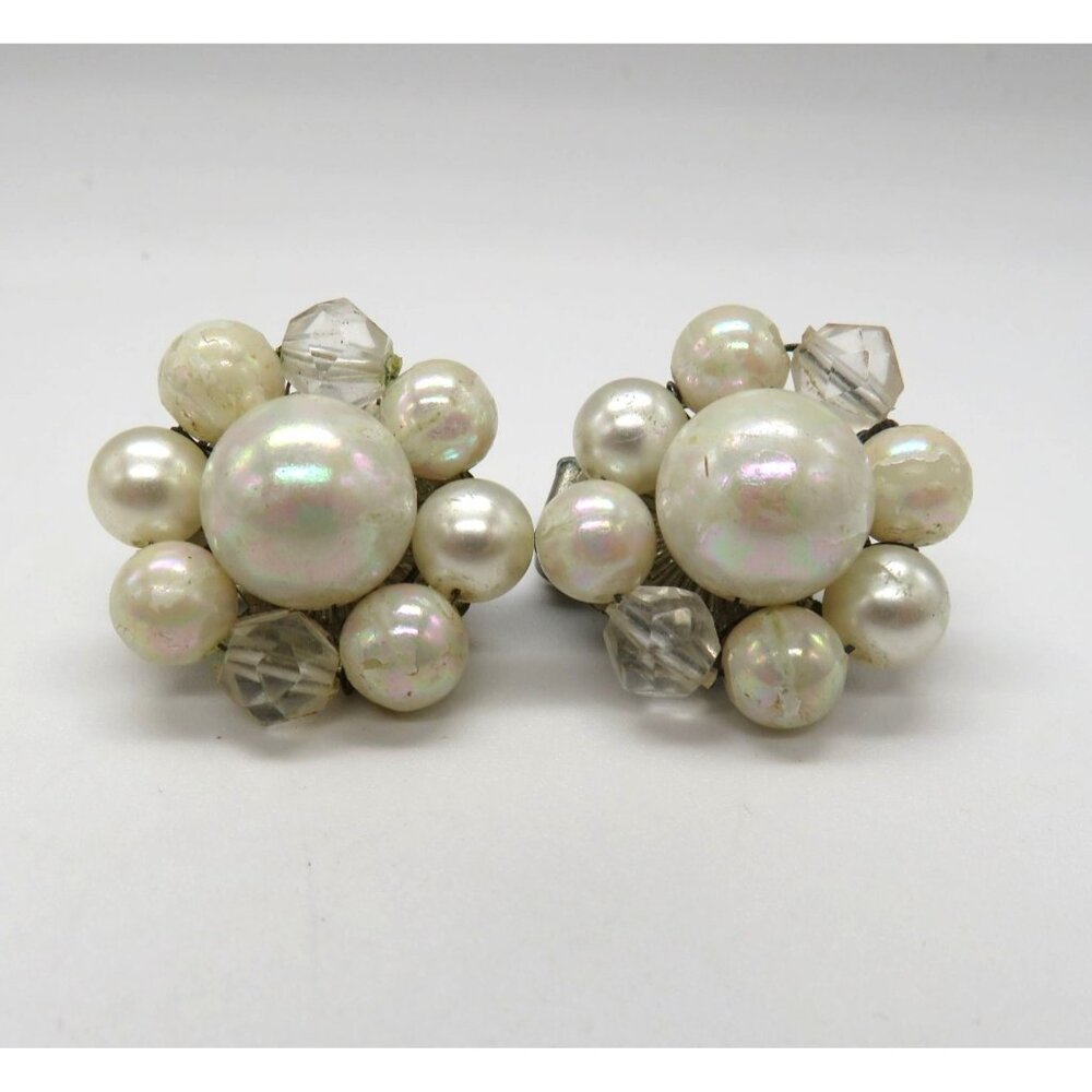 Cluster Earrings  Clip On Imitation Pearl Faceted Clear Beads Vintage Japan‎